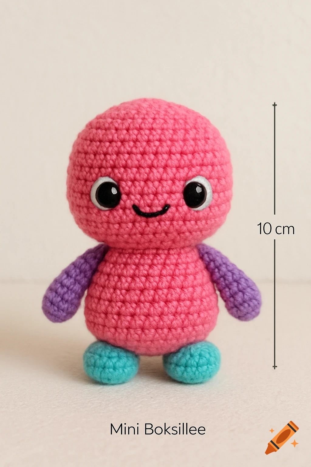 A cute pink crocheted 'Mini Boksillee' toy with purple arms, turquoise feet, black eyes, and a small smile stands next to a '10 cm' height marker.