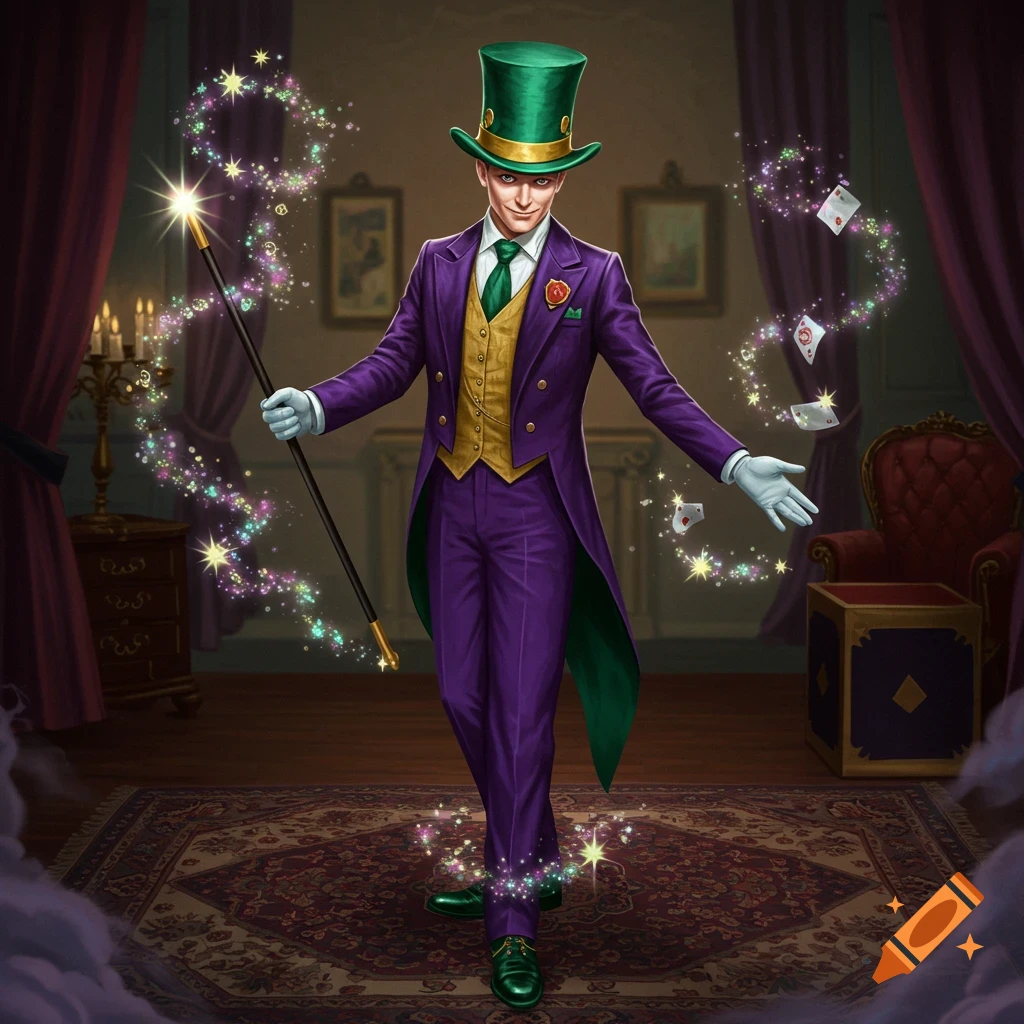 A dapper magician in a green top hat and purple suit, holding a magic ...