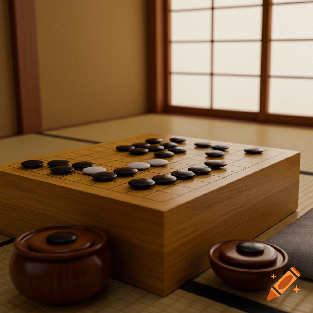 A wooden Go board with black and white stones and two Go bowls in a traditional Japanese room with a shoji screen.