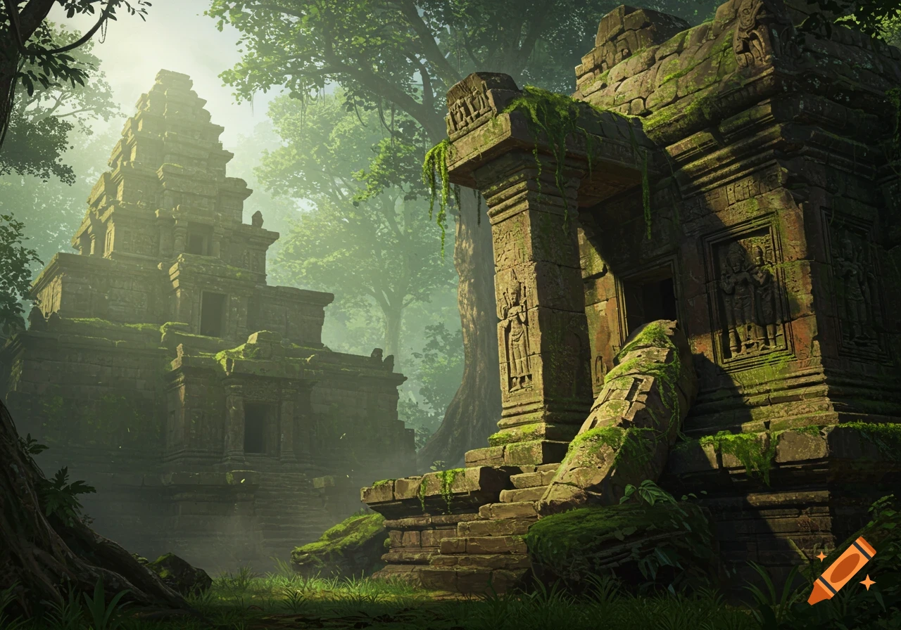 Sunlit ancient temple ruins overgrown with moss and lush jungle vegetation.