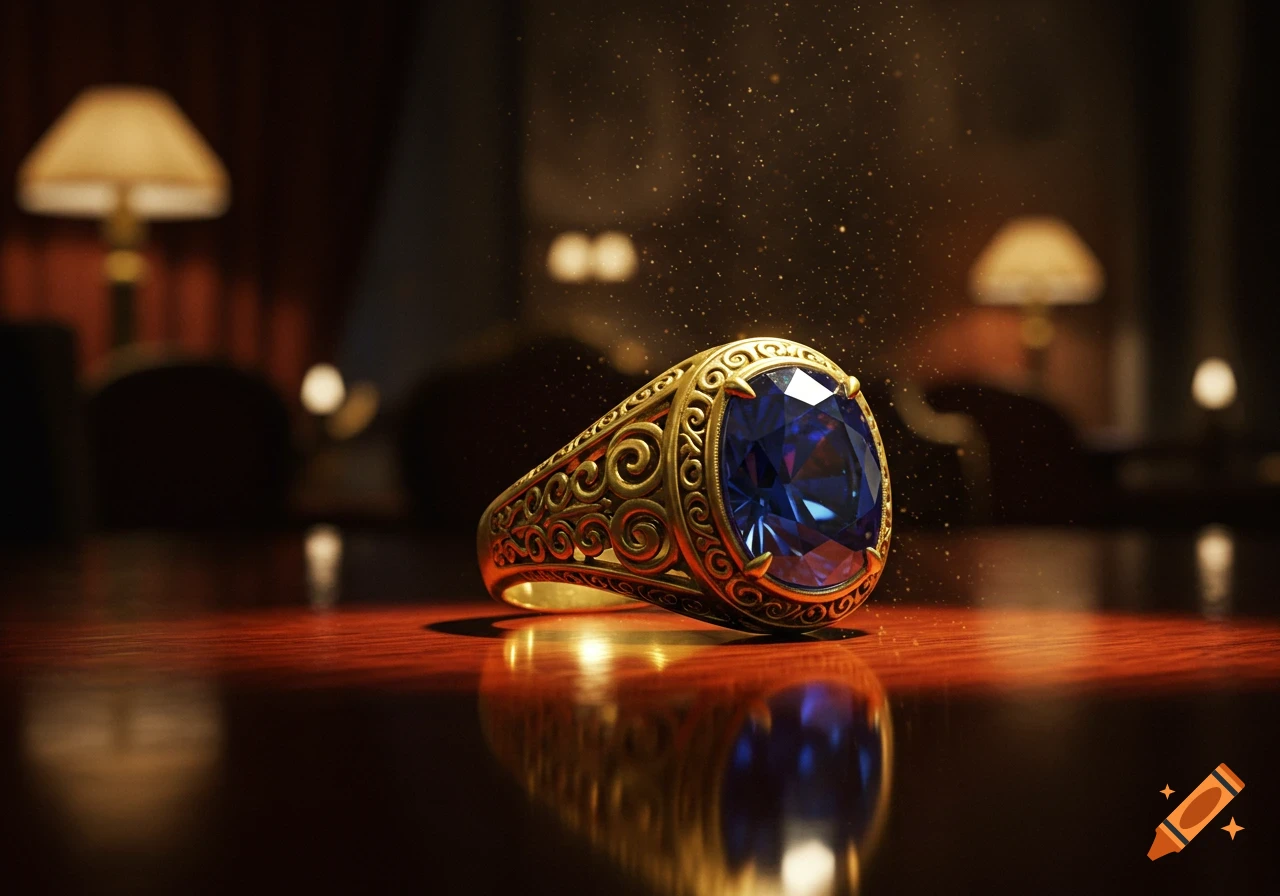A golden ring with intricate carvings and a large, oval blue gemstone on a reflective wooden table in a dimly lit room.