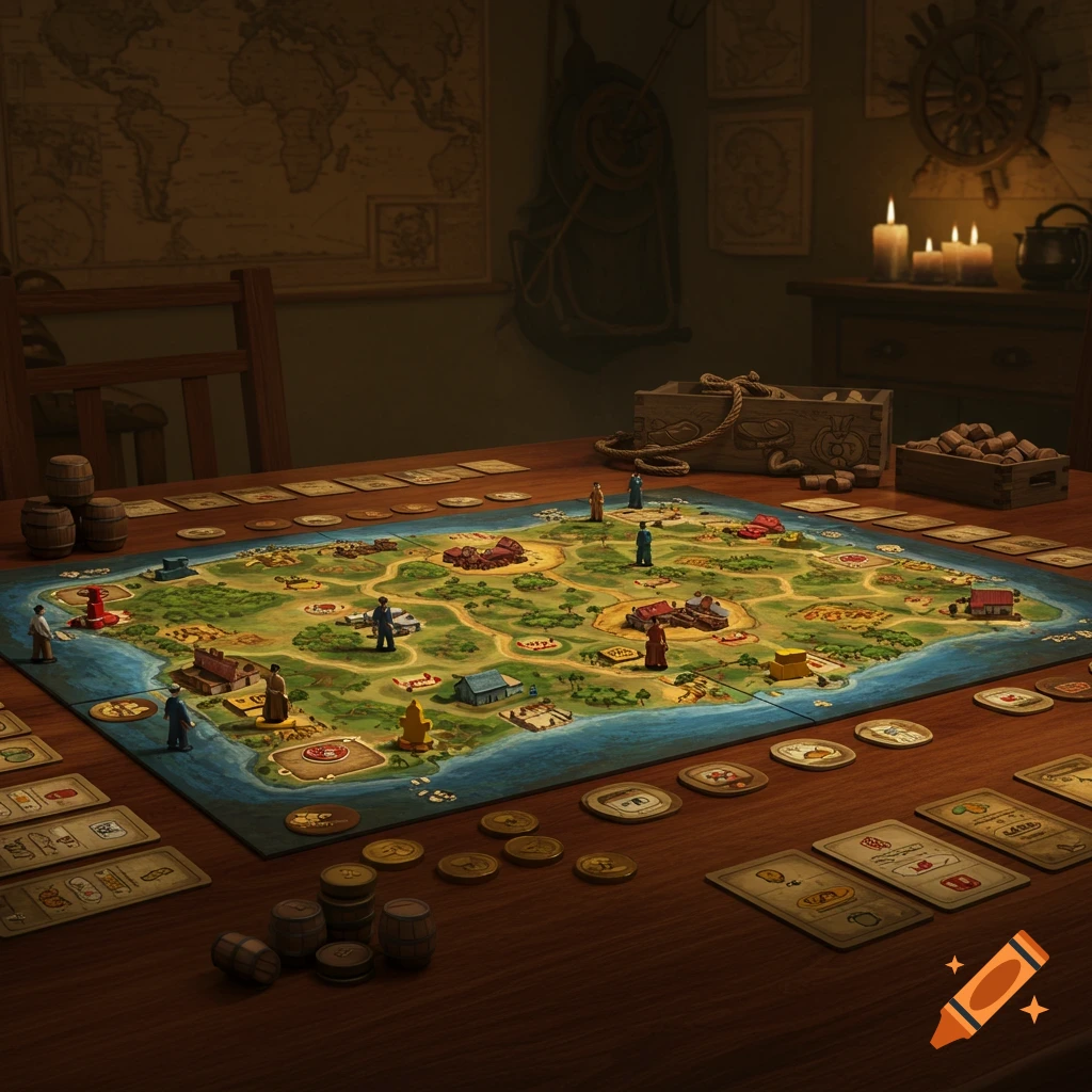 A detailed board game featuring a colorful map with miniature figures, cards, coins, and wooden pieces on a wooden table, lit by candlelight.