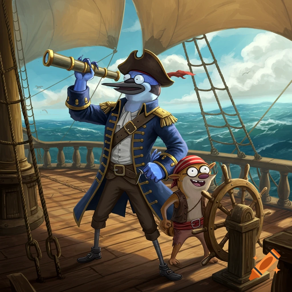Cartoon Mordecai, a blue bird pirate, looks through a spyglass on a ship as Rigby stands at the helm.