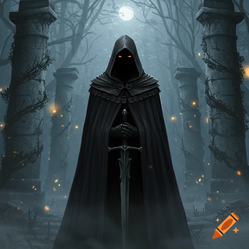 A dark hooded figure with glowing red eyes stands holding a sword ...