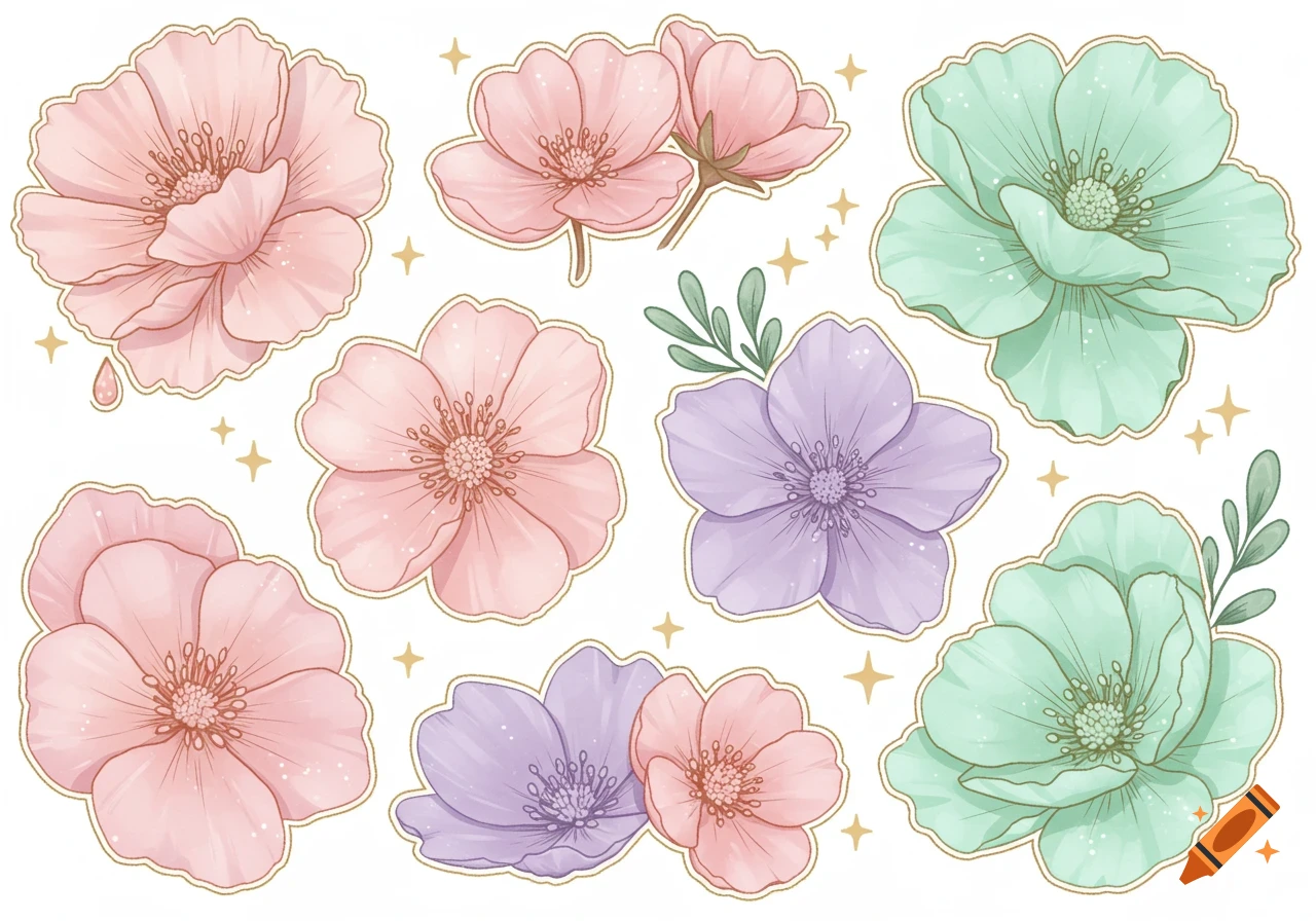 A collection of pastel pink, purple, and mint green flower stickers with golden outlines and sparkle accents on a white background.