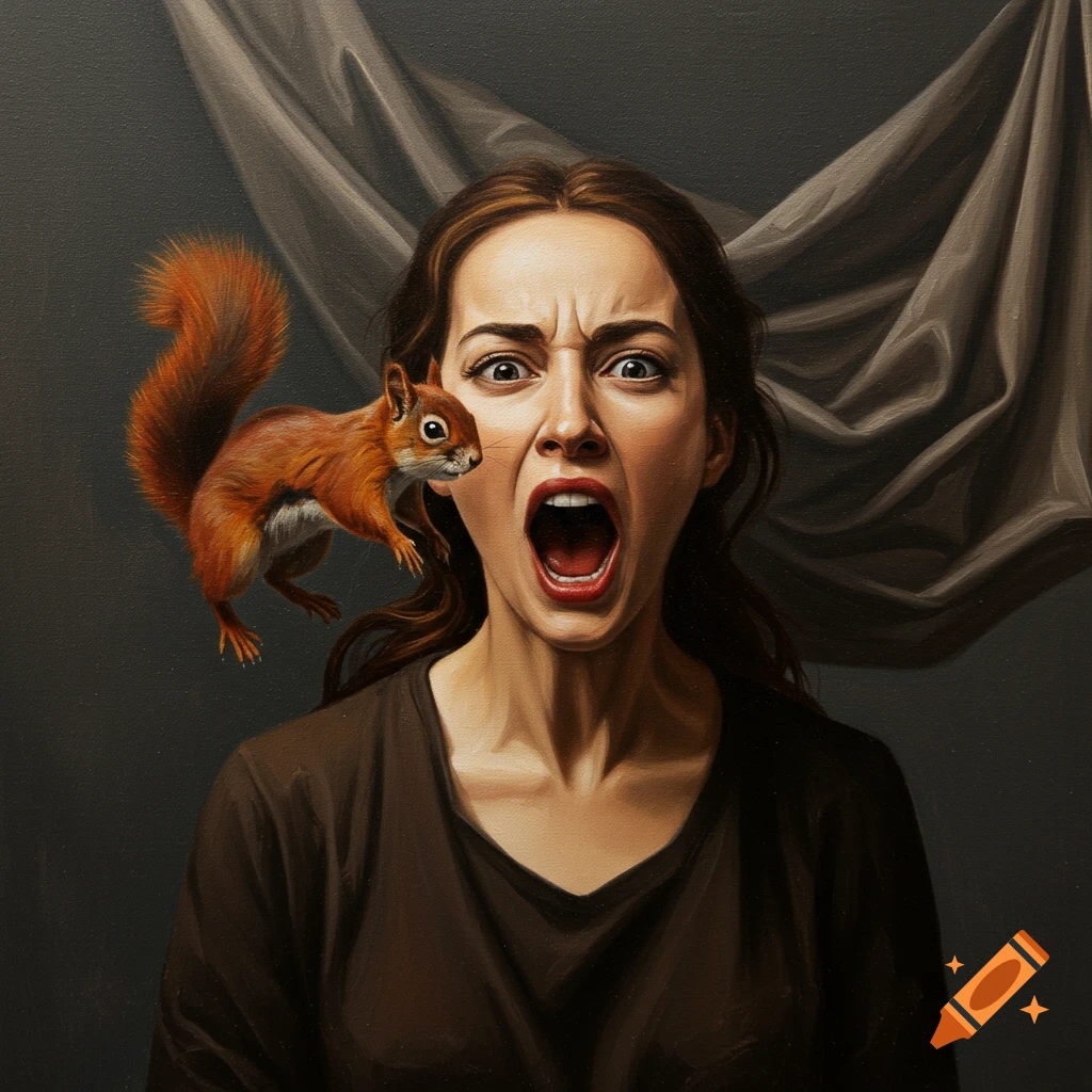 Oil painting of a screaming woman with a squirrel floating near her face and drapery in the background.