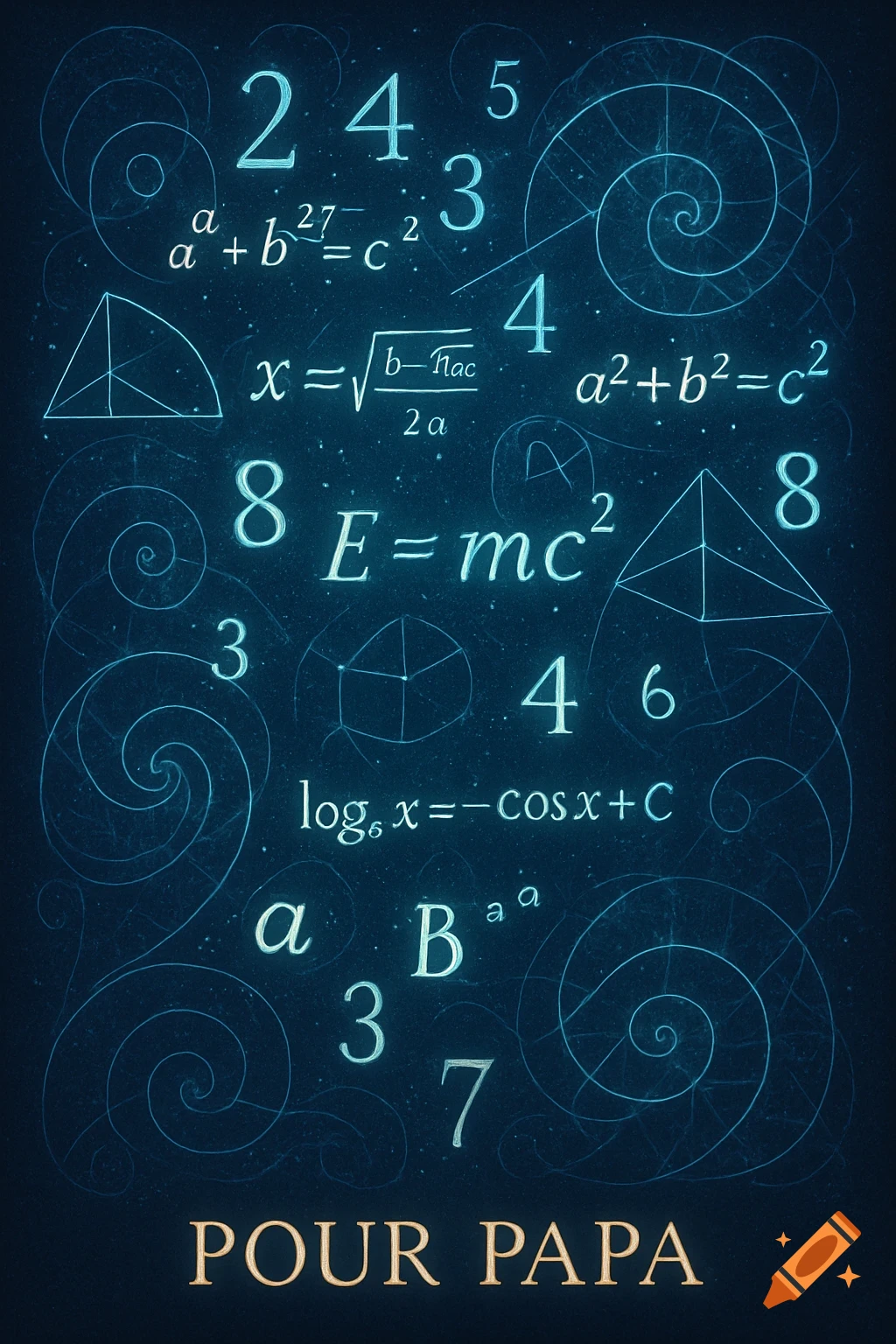 A dark background filled with glowing blue mathematical equations, numbers, and geometric symbols, with "POUR PAPA" in gold text at the bottom.