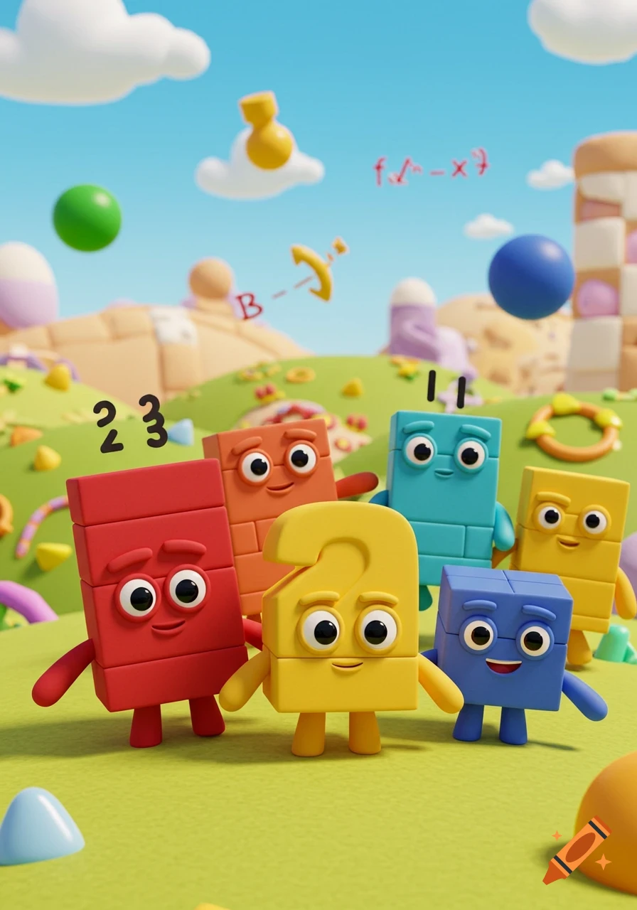 Colorful block characters with smiling faces stand in a vibrant green landscape under a blue sky with fluffy clouds. Numbers and math symbols float in the background.
