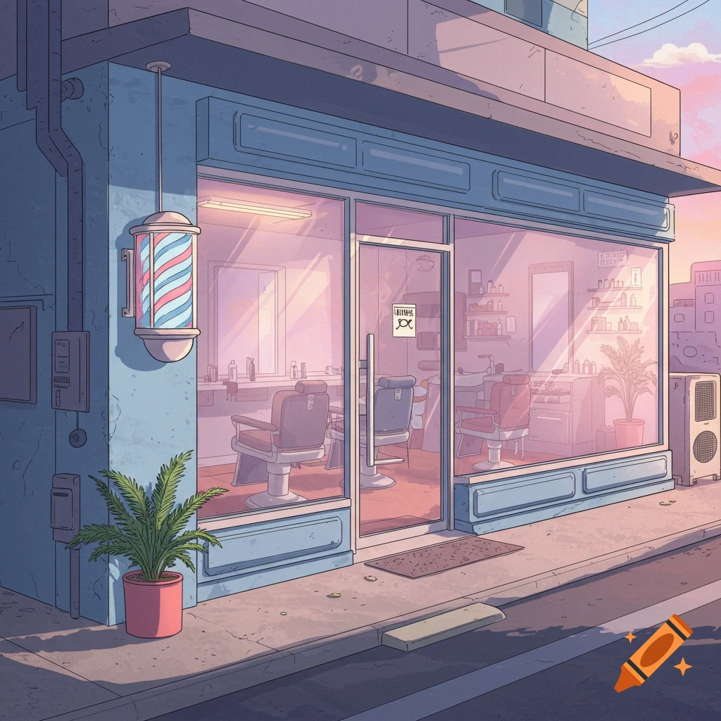 Anime-style barbershop exterior with a barber pole and plant at sunset.