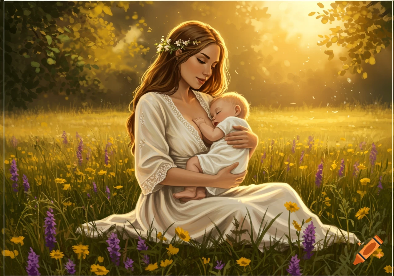 A serene, illustrative image of a woman with flowers in her hair, wearing a white dress, breastfeeding a sleeping baby in a sunlit field of wildflowers.