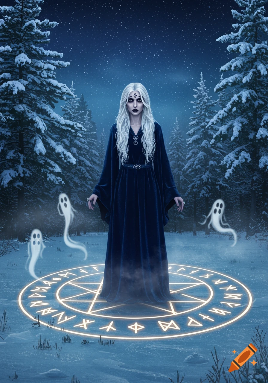 A white-haired witch in a dark robe stands in a snowy forest at night, surrounded by glowing runic symbols and three ethereal ghosts.