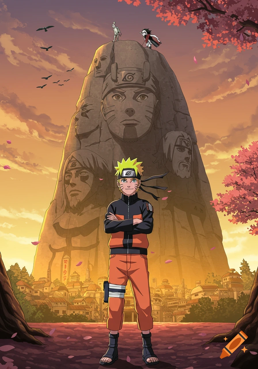 Naruto Uzumaki stands with arms crossed in front of the Hokage Rock and Konoha village at sunset in an anime style.