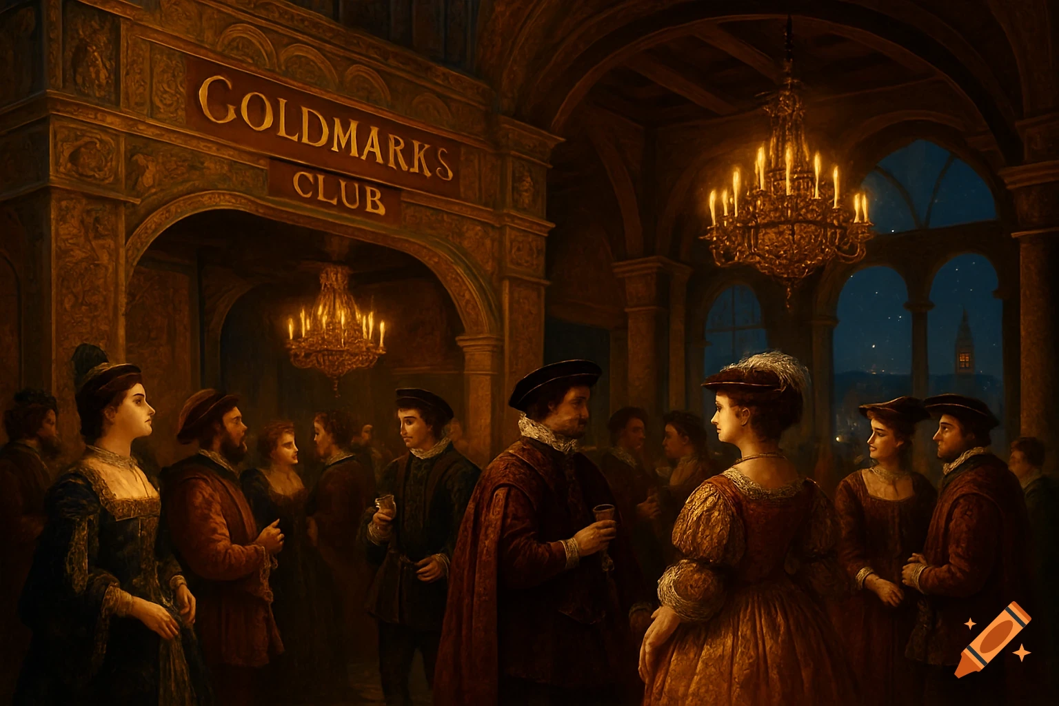 A group of people in Renaissance-era clothing gather in a richly decorated club with chandeliers and a sign that reads "GOLDMARKS CLUB".