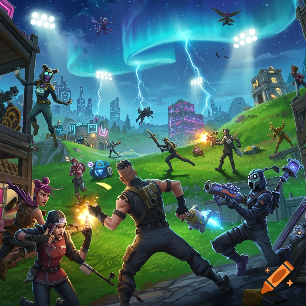 Colorful action scene featuring multiple cartoonish characters in a stylized battle, with futuristic weapons and a cityscape under a green aurora.