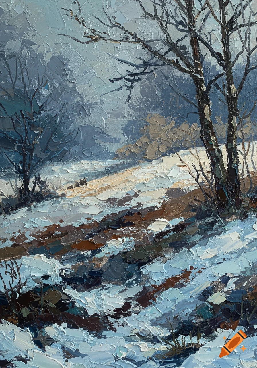 Textured oil painting of a winter landscape with snow-covered ground and bare trees under a cloudy sky.