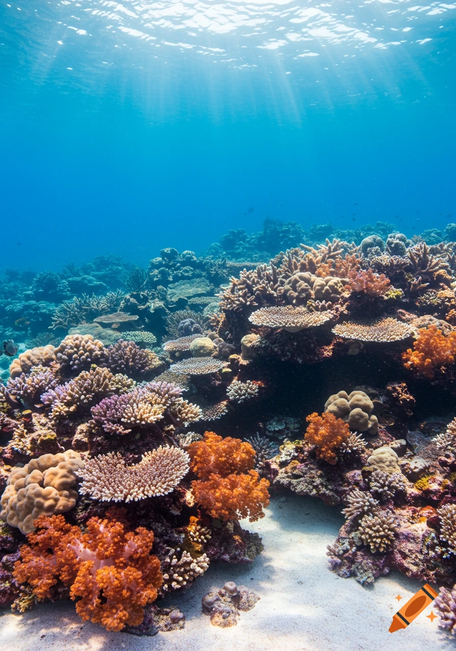 Photorealistic underwater view of a vibrant coral reef with sunlight shafts in clear blue water over a sandy seabed.