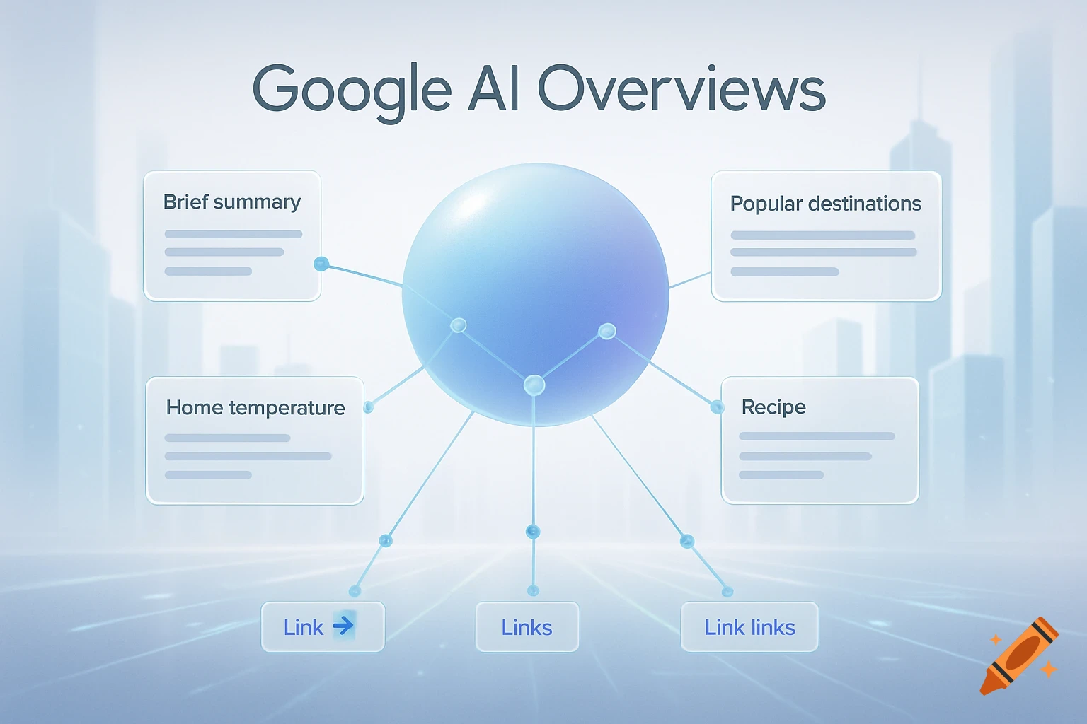 Digital diagram for Google AI Overviews with a central sphere connecting to information cards and links, set against a blurred city skyline.