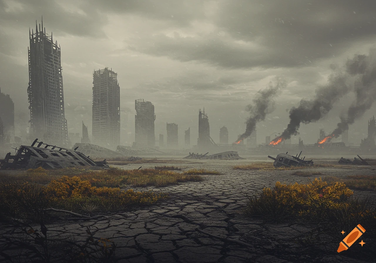 A desolate post-apocalyptic city with crumbling skyscrapers, cracked earth, and smoke rising from distant fires under a grey sky.