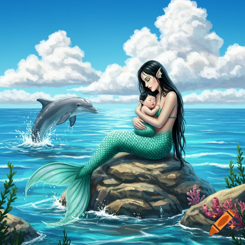 A black-haired mermaid with green eyes holds a baby merperson on an ocean rock, with a dolphin jumping in the background.