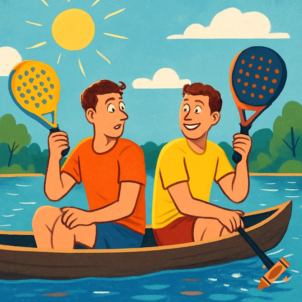 A cartoon illustration of two men in a canoe on a sunny lake, both holding paddle rackets.