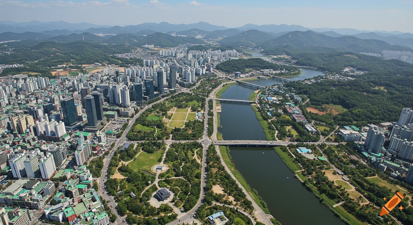 Aerial view of a sprawling city with numerous buildings, green parks, a river with bridges, and distant mountains.