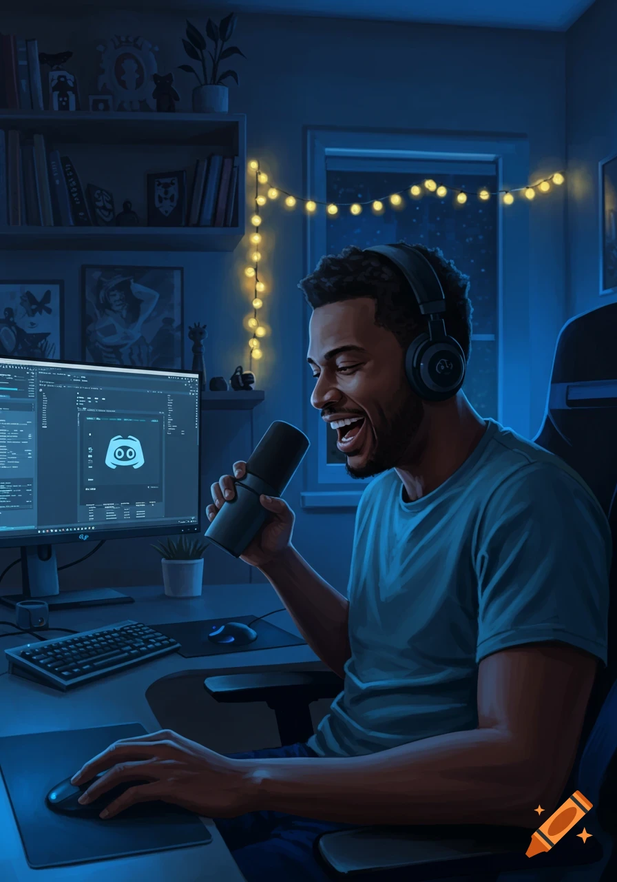 A smiling Black man with headphones and a microphone sits at a computer desk in a dimly lit room, illuminated by string lights. The computer screen shows a Discord logo and lines of code.