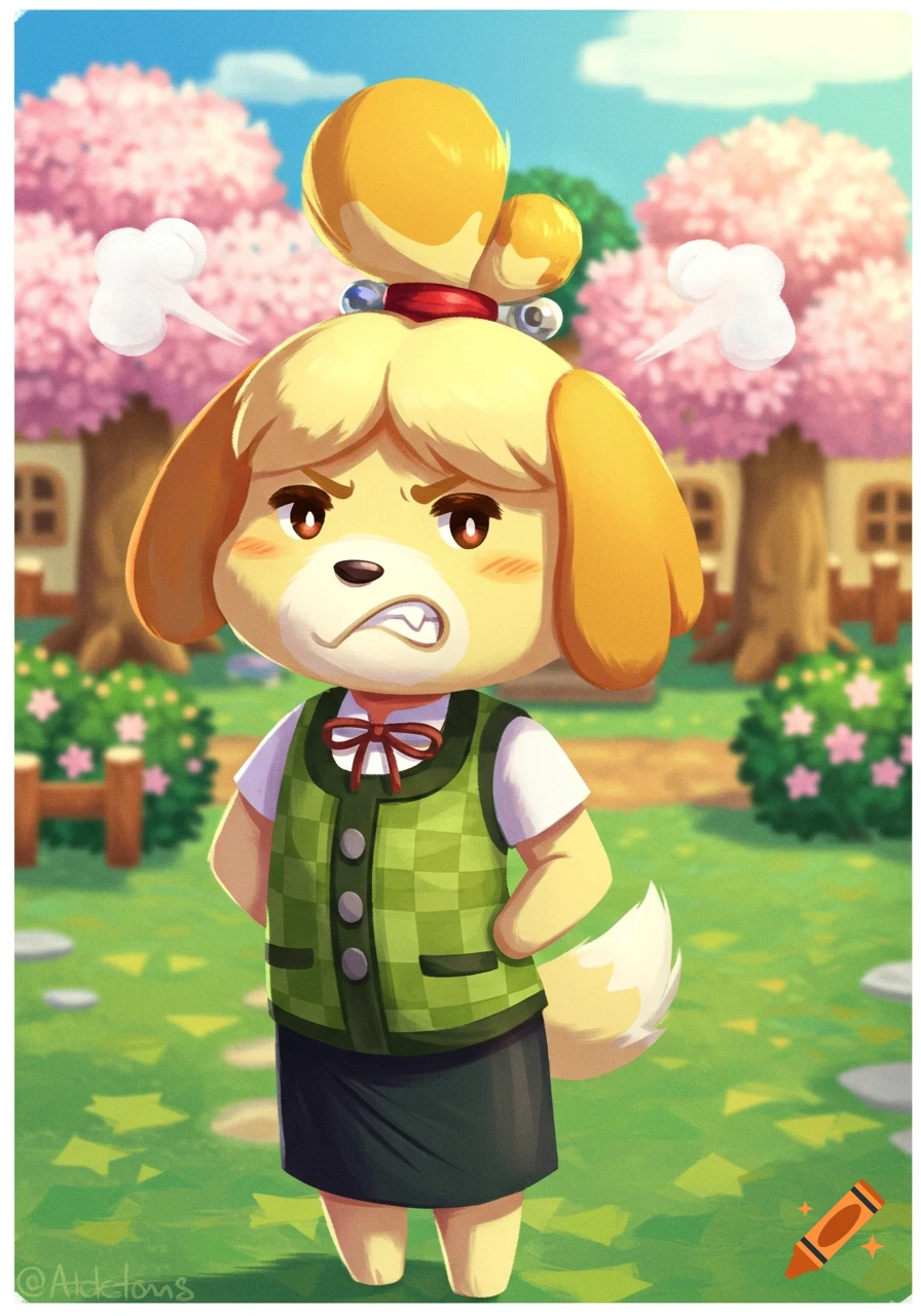 Anime-style illustration of an angry Isabelle from Animal Crossing, standing outdoors with pink cherry blossom trees.