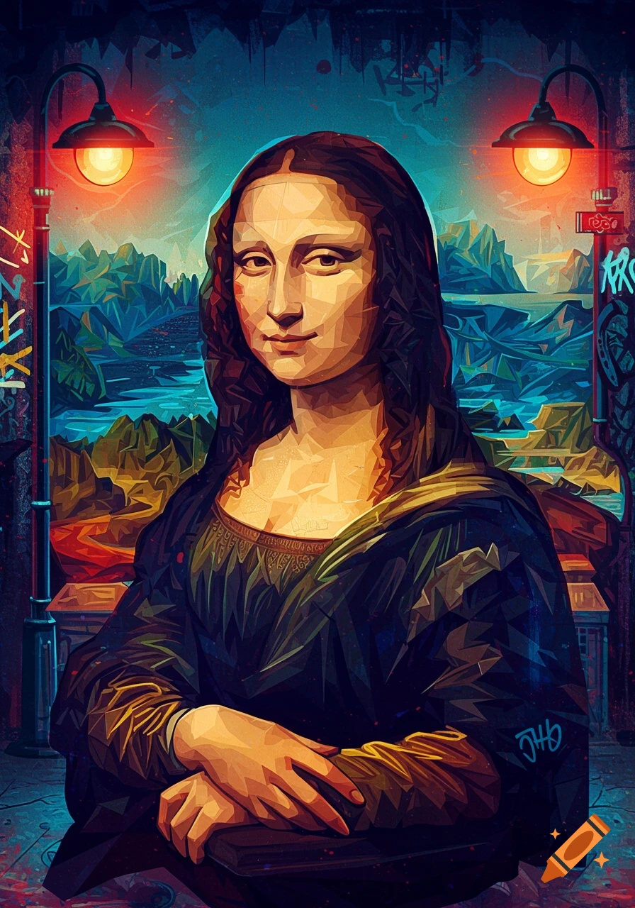 Geometric, colorful pop art portrait of Mona Lisa against an urban background with street lamps and graffiti.
