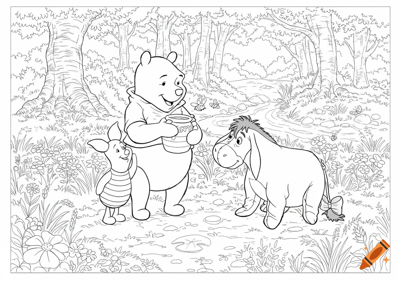 Line art coloring page of Winnie the Pooh holding a honey pot, Piglet, and Eeyore in a forest by a stream.