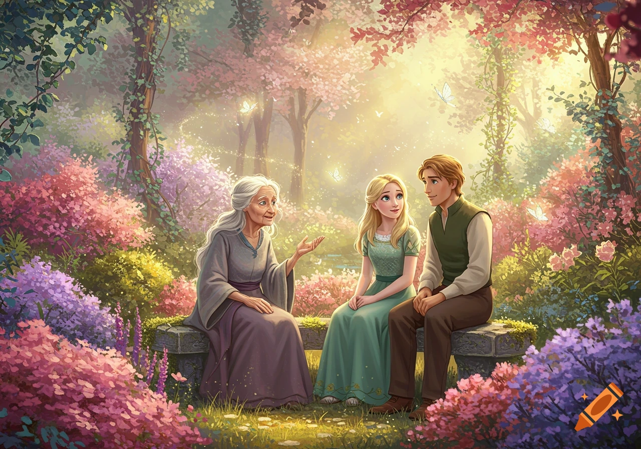 An old woman talks to a young blonde couple on a bench in a vibrant, magical garden with pastel flowers and butterflies, in Pixar style.