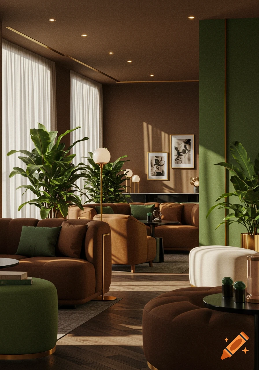 A modern lounge area with brown sofas, green ottomans, potted plants, and gold accents. Sunlight streams through tall windows.