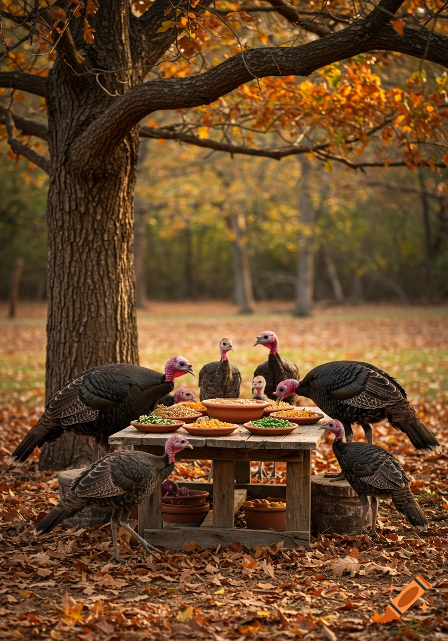 A group of wild turkeys gathers around a wooden table filled with food in a vibrant autumn forest, photorealistic.