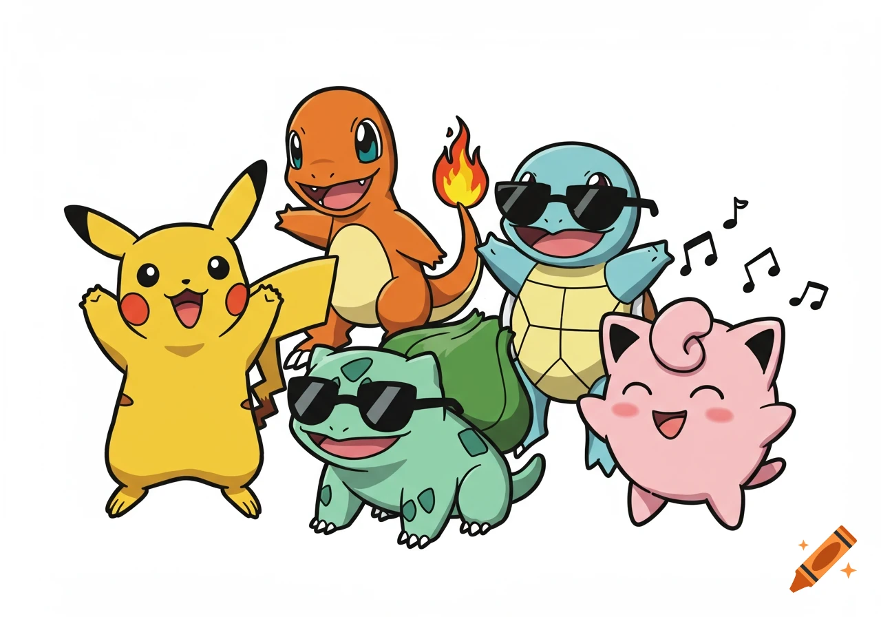 Vibrant sticker-style illustration of Pikachu cheering, Charmander with a flame, Squirtle in sunglasses, Bulbasaur, and singing Jigglypuff.