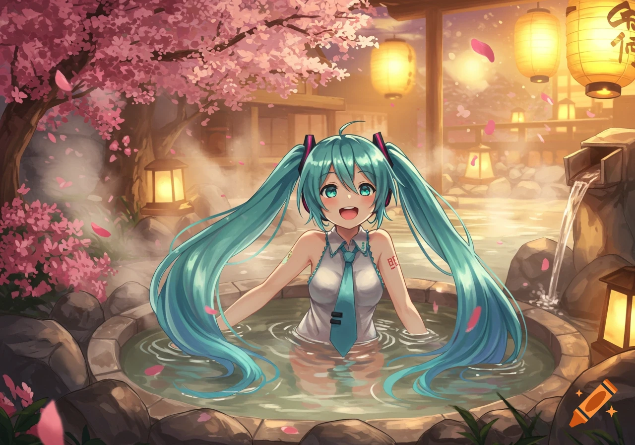 Hatsune Miku with long teal pigtails smiles happily in a cherry blossom-filled Japanese hot spring with lanterns.