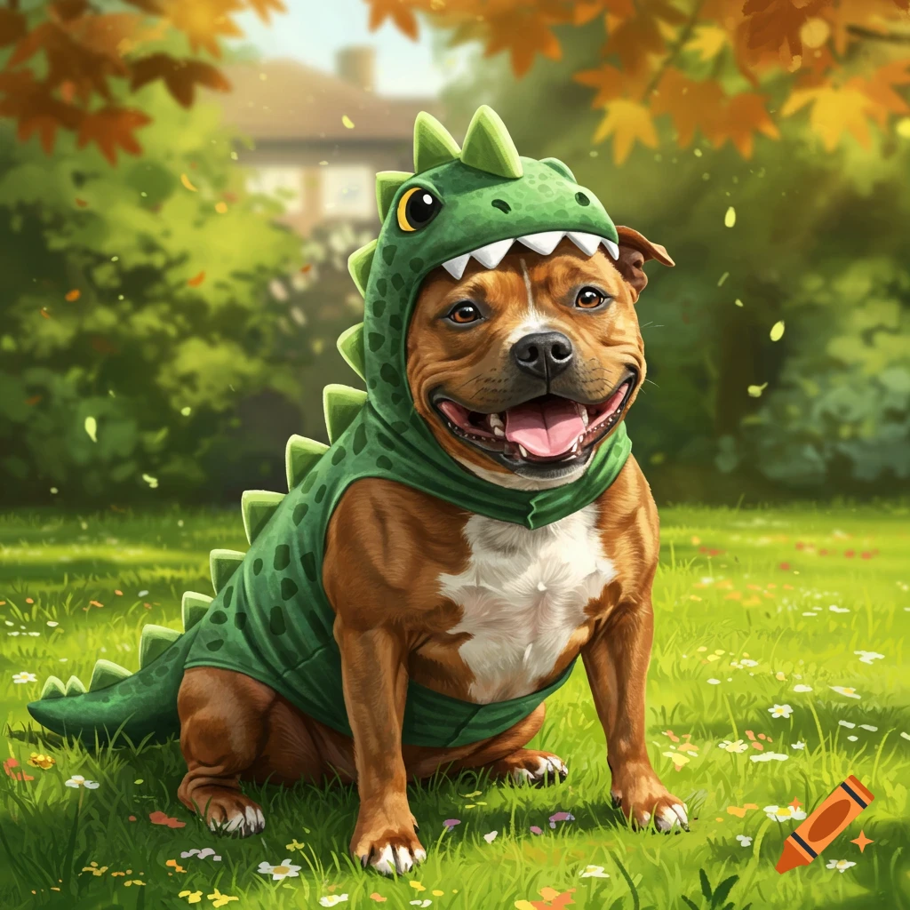A happy staffy dog wearing a green dinosaur costume sits in a sunny grassy park with autumn leaves.