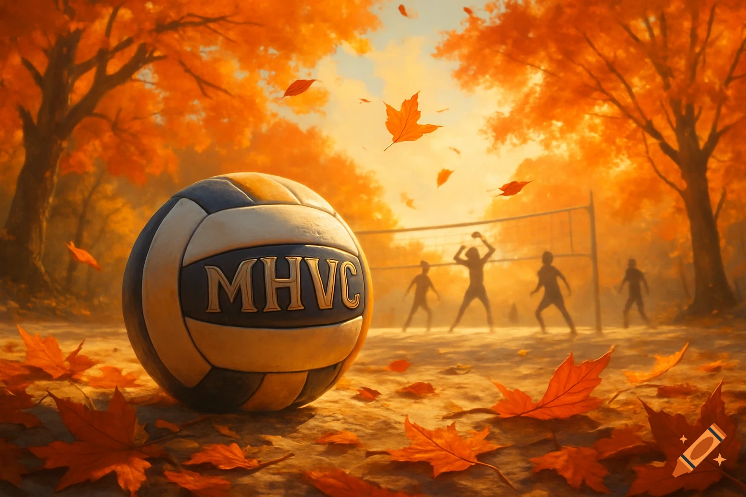 A volleyball with "MHVC" on it lies among autumn leaves, with silhouetted players on a court under orange trees.