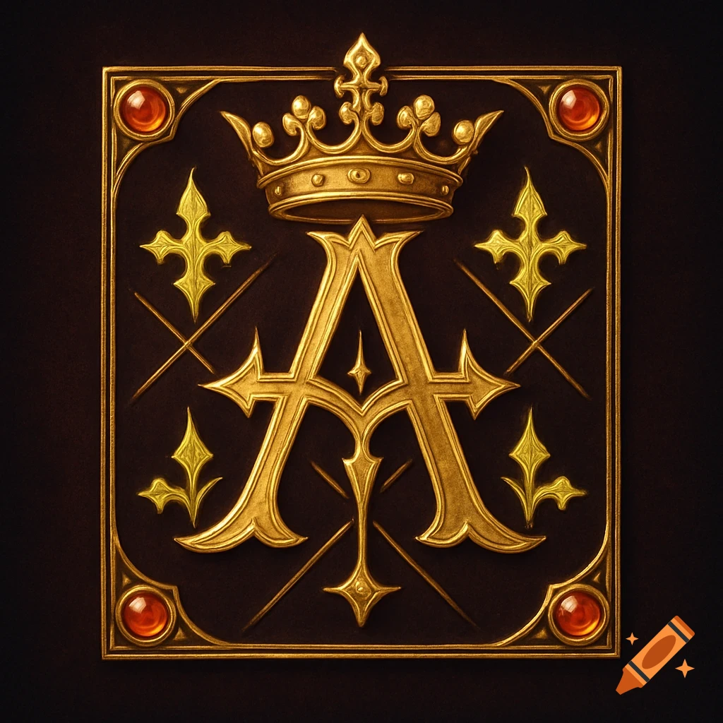 Ornate regal golden gothic emblem with a crowned 'A' monogram, decorative flourishes, and red jewel inlays.