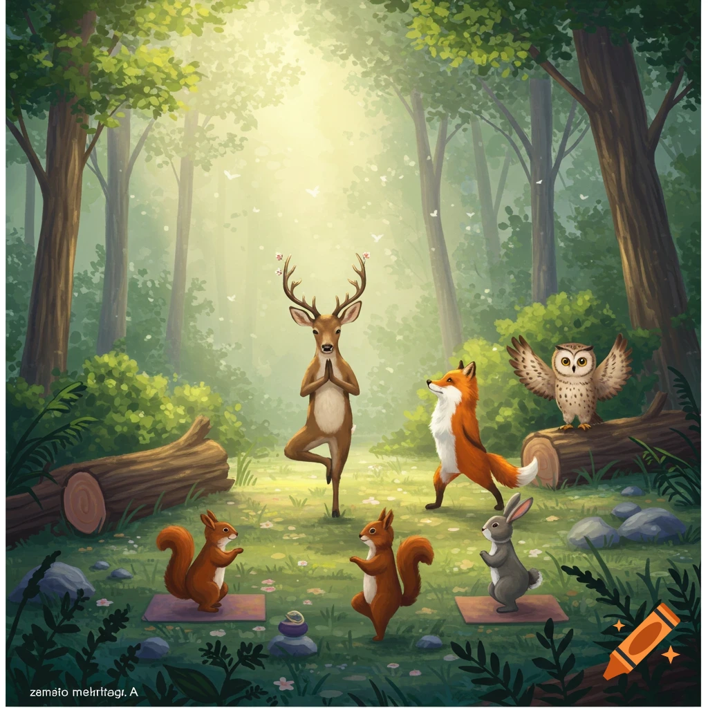 A whimsical illustration of a deer, fox, owl, two squirrels, and a rabbit doing yoga poses in a sun-dappled forest.