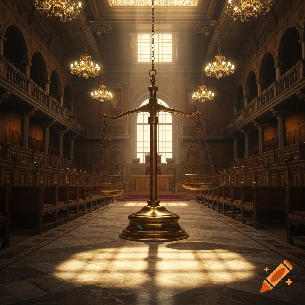 A golden scales of justice stands centrally in a grand, ornate courtroom bathed in light from a large window.