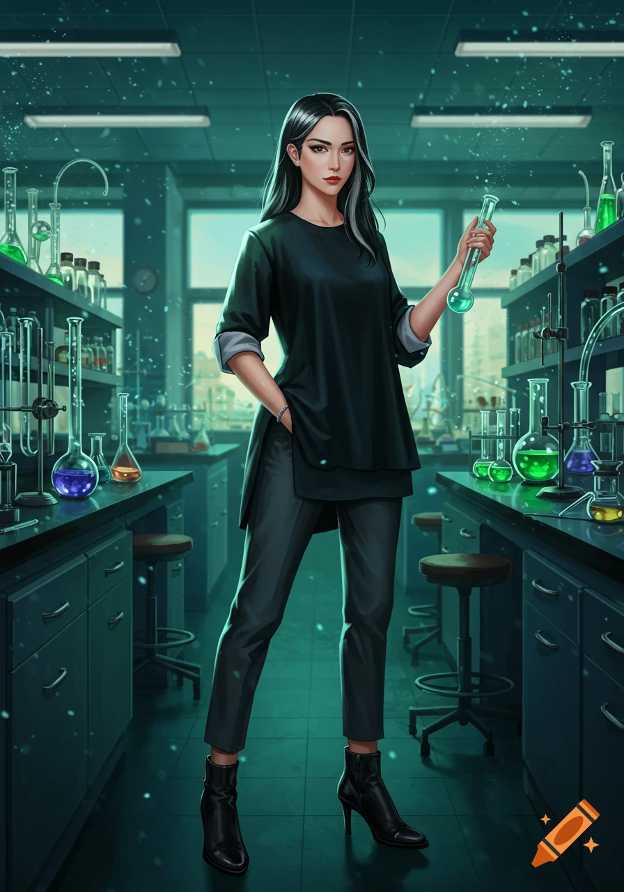 A young woman with black hair and grey streaks stands in a dimly lit laboratory, holding a test tube with green liquid. Digital art.