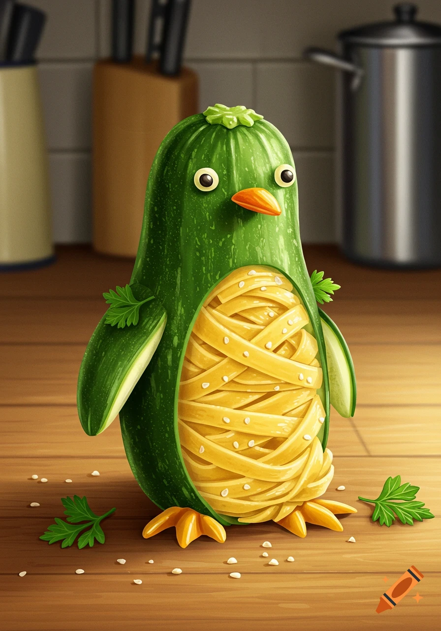 A cute, cartoonish penguin made from a zucchini, with a belly full of fettuccine pasta, stands on a wooden counter in a kitchen.