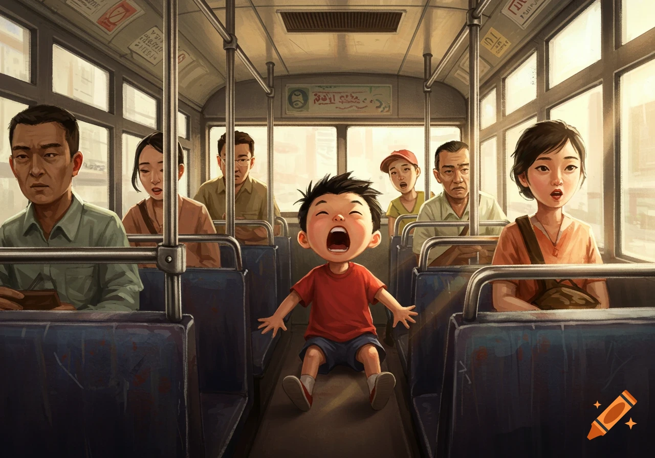 Illustrated scene of an Asian boy in a red shirt screaming on the floor of a bus, surrounded by passengers with various reactions.