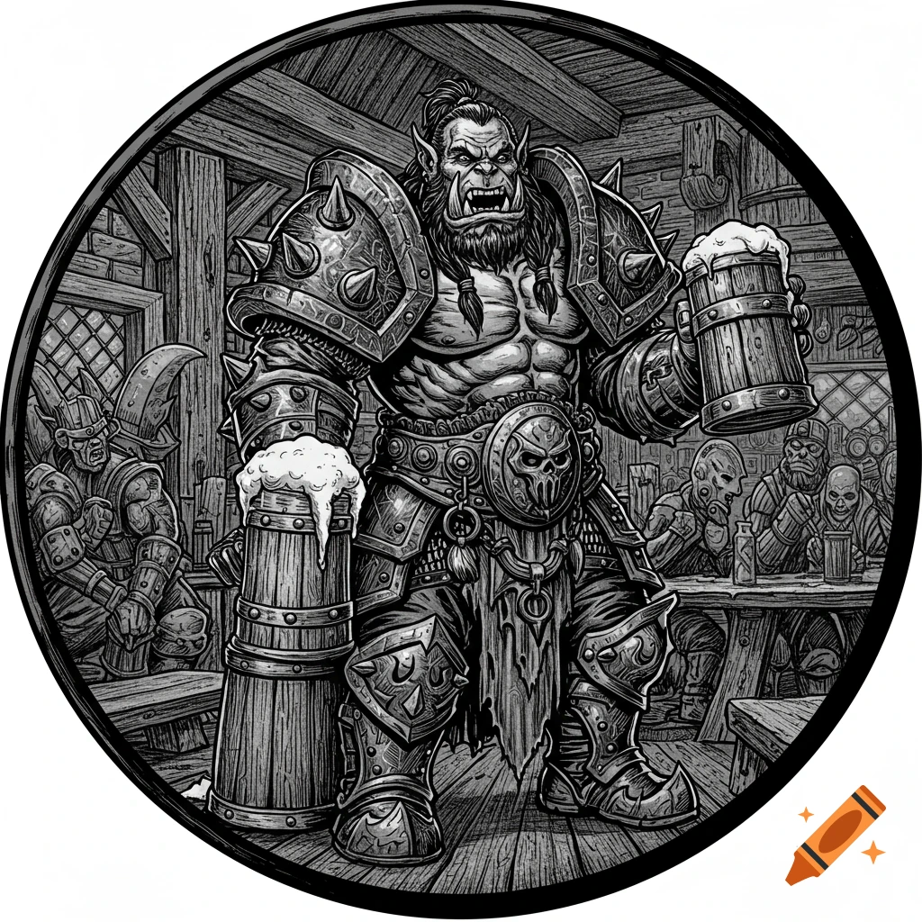 Black and white illustration of a proud, armored Orc warrior holding two overflowing beer steins in a tavern.