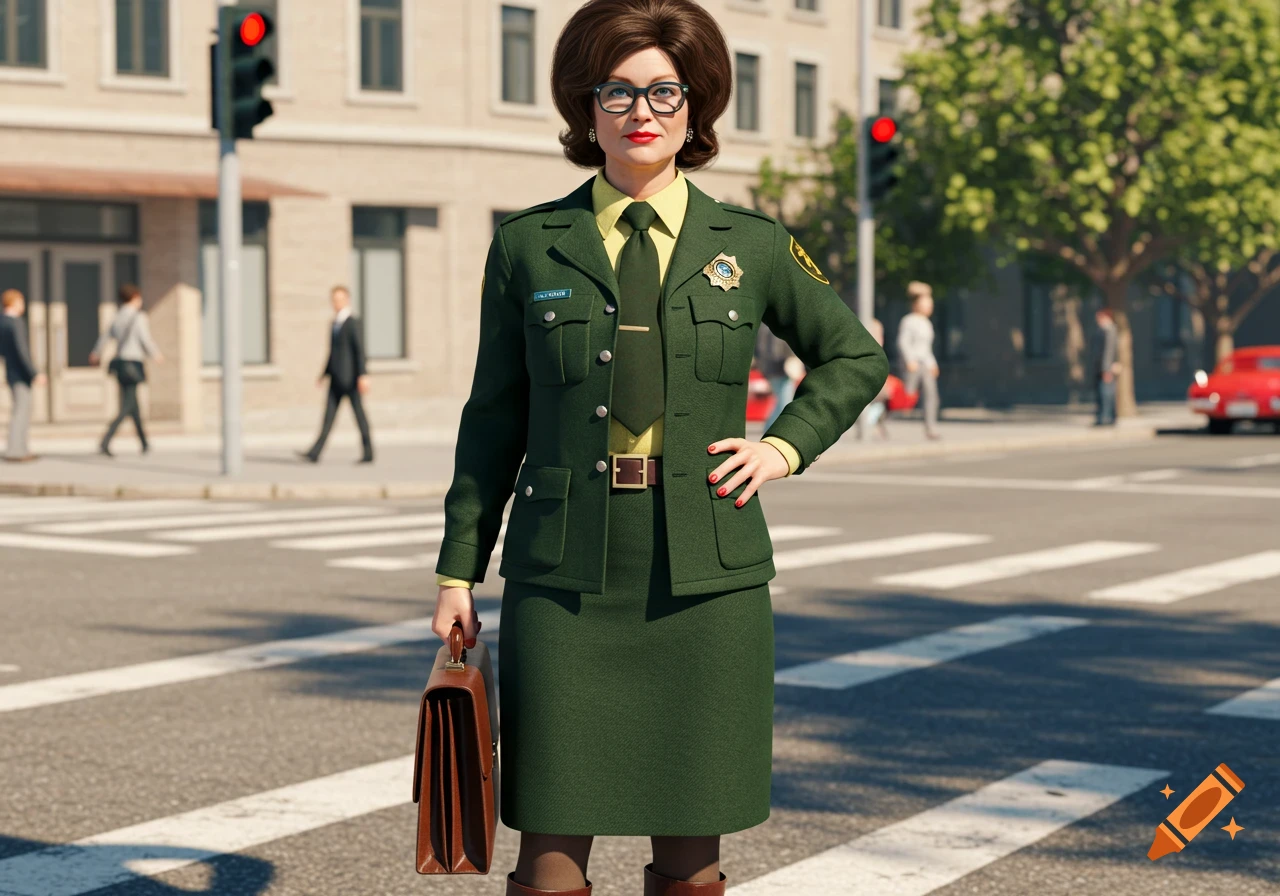 Photorealistic image of a woman in a 1970s green police uniform and black glasses, holding a brown briefcase at a city crosswalk.