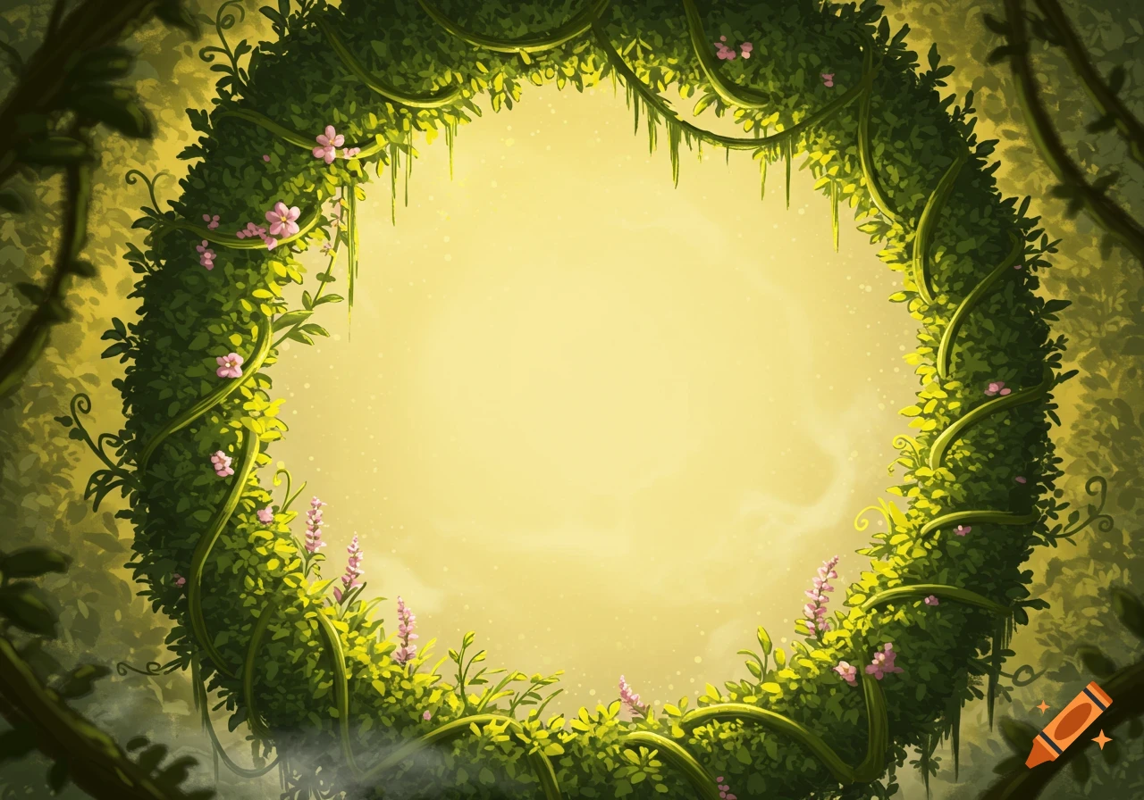 A circular frame made of green vines and leaves with pink flowers, surrounding a bright, empty yellow-green space. Dark forest in the background.