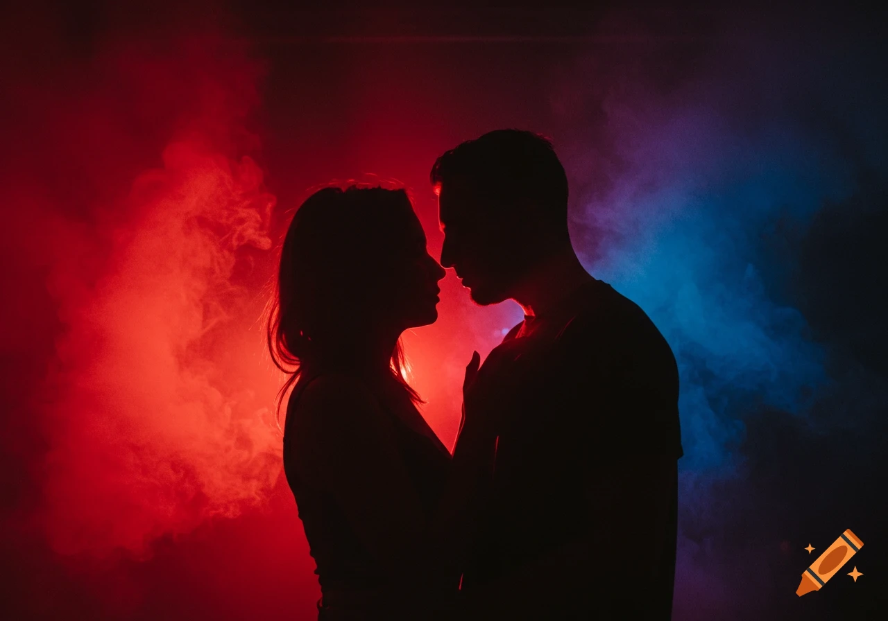 Silhouettes of a couple facing each other, illuminated by vibrant red and blue smoke.