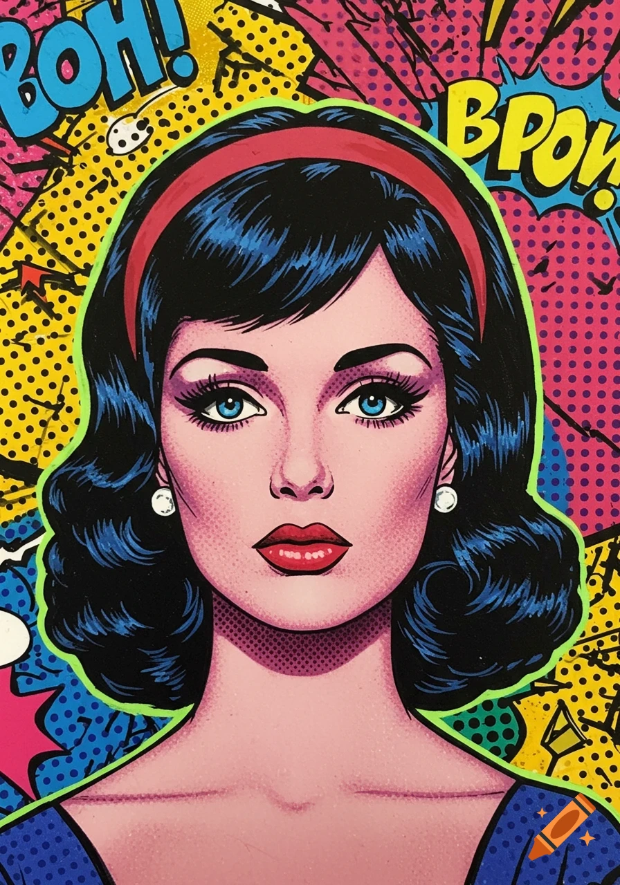 Pop art portrait of a woman with dark hair and a red headband, against a colorful background with comic book style exclamations.