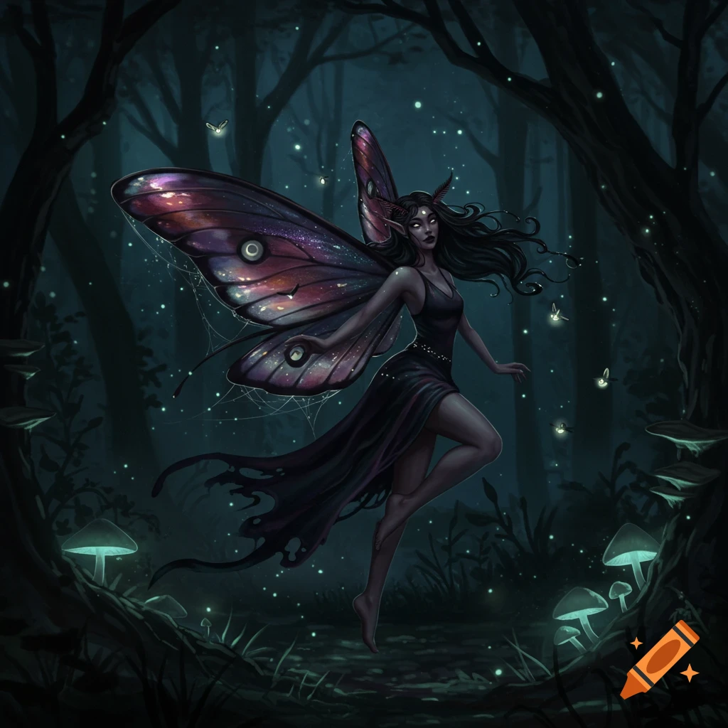 A dark moth fairy with large iridescent wings floats in an enchanted forest with glowing mushrooms and fireflies, digital art.