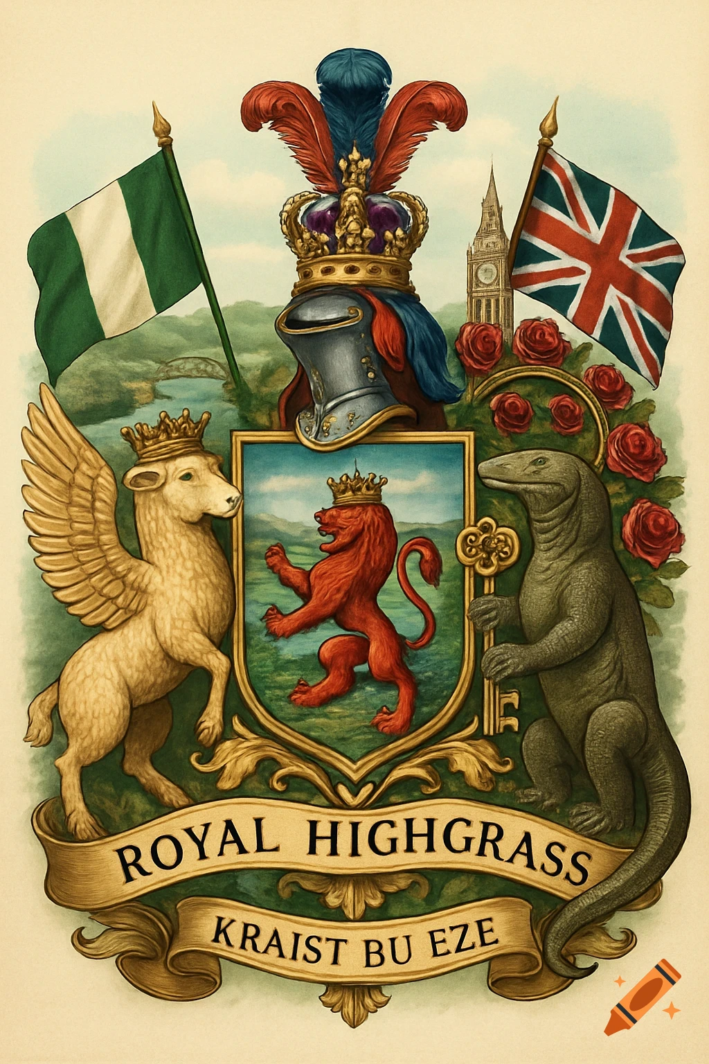 An ornate coat of arms featuring a winged sheep and a crowned red lion on a shield, flanked by a Nigerian flag and a UK flag. A Komodo dragon holds a key. A banner reads "ROYAL HIGHGRASS KRAIST BU EZE" below.