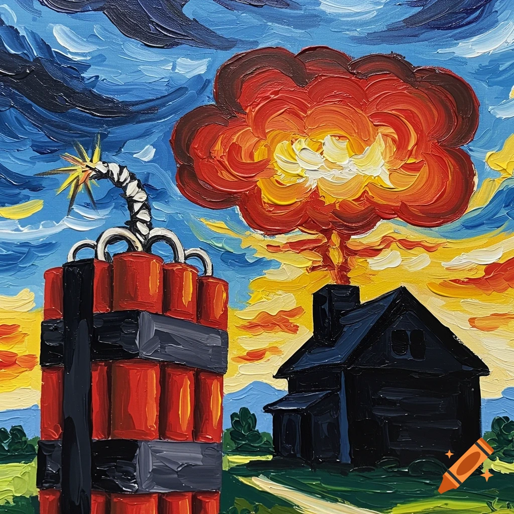 Expressionist oil painting of a huge stick of dynamite next to a black house with an explosion cloud in the sky.